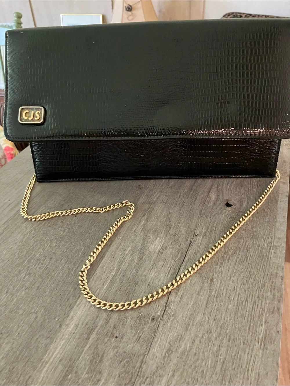 Vintage monogrammed black Croc-Embossed Chain Shoulder Bag